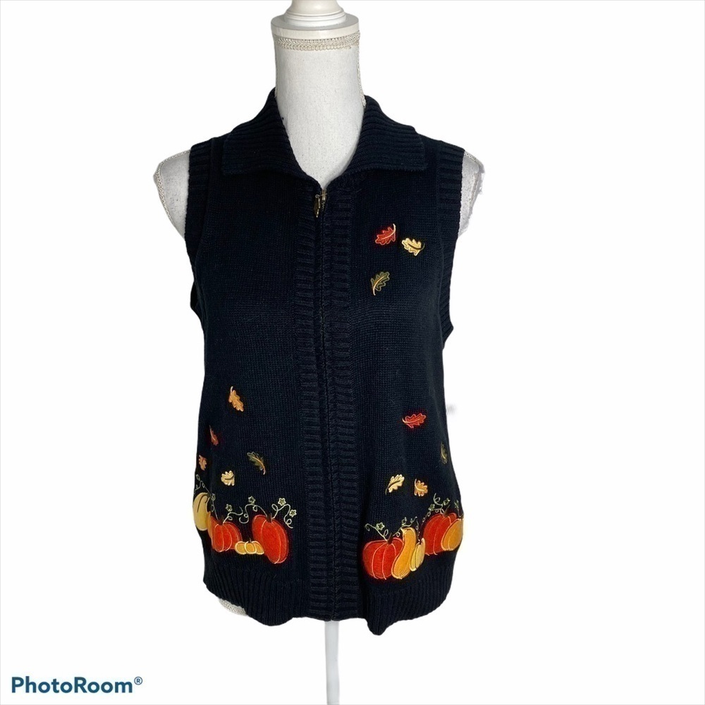 Breckenridge Embroidered Fall Vest Women’s NWT PM Petite Medium Pumpkin Black